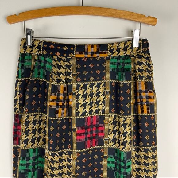 Vintage blue tan wool bridle equestrian plaid 80s 90s midi skirt small - Picture 2 of 8